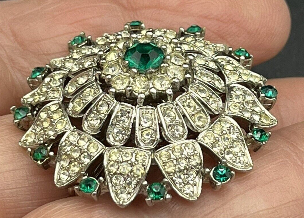 Vintage R.Mandle w/Crown Dome Brooch With Emerald Green and Clear Rhinestones