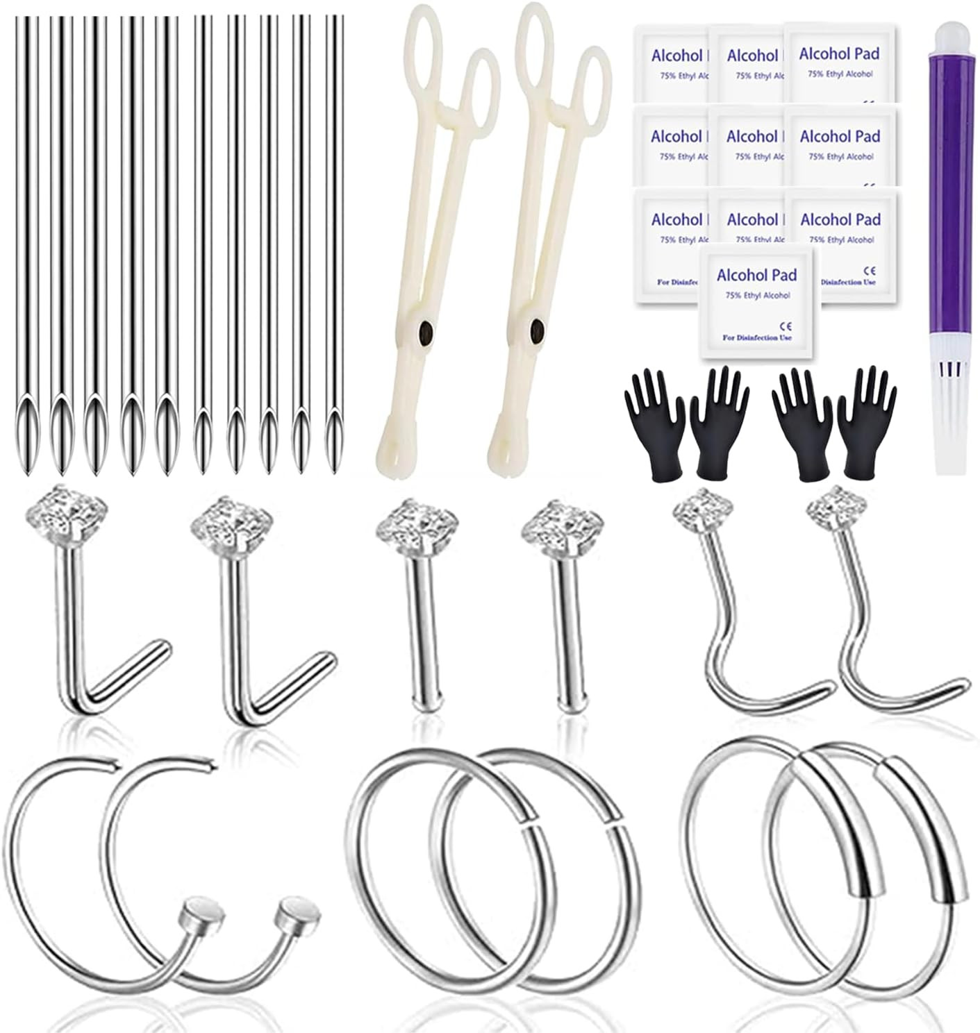 Yugui Nose Piercing Kit 20G Nose Septum Piercing Rings, Nails and 18G Piercing