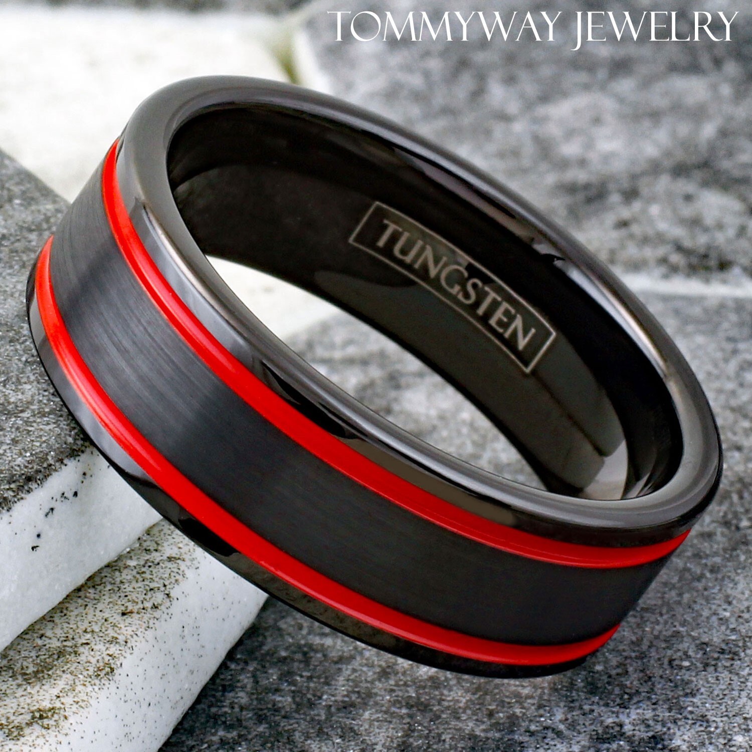 8mm Black Tungsten Men’s Double Red Racing Stripes Wedding Band