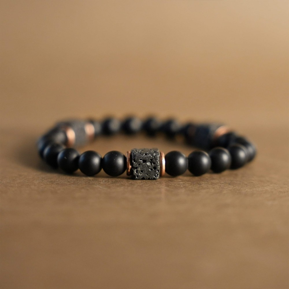 Mens Premium Matte Black Onyx with Lava Beads Grounding Protection Bracelet NEW