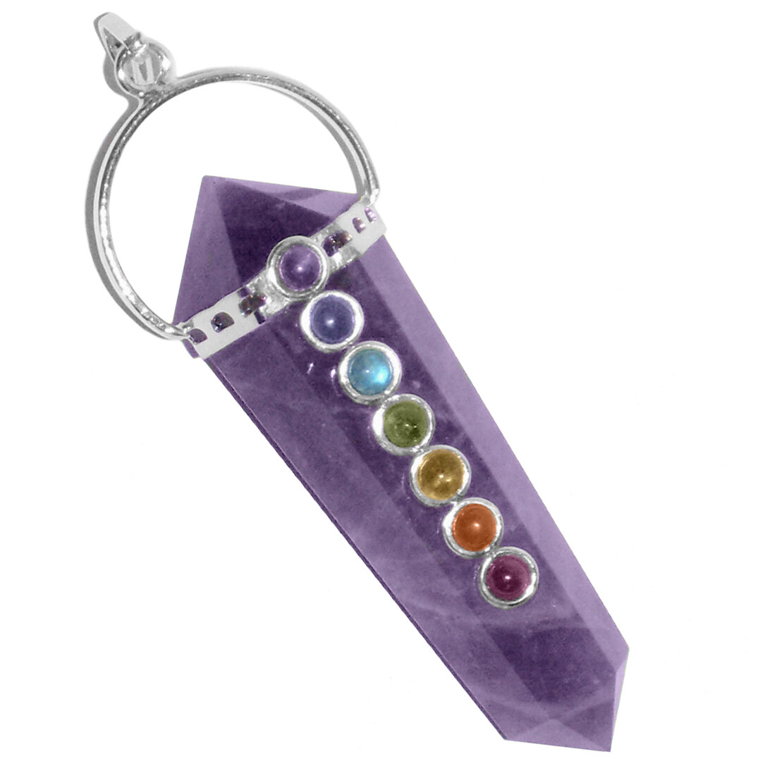 Double Terminated Purple Amethyst 7 Chakra Crystal Pendant .925 Silver Necklace
