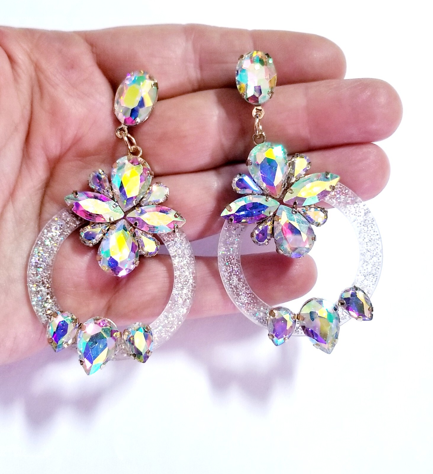 Drop Dangle Chandelier Earrings 3.3 inch AB Rhinestone Acrylic Hoop Pageant Prom