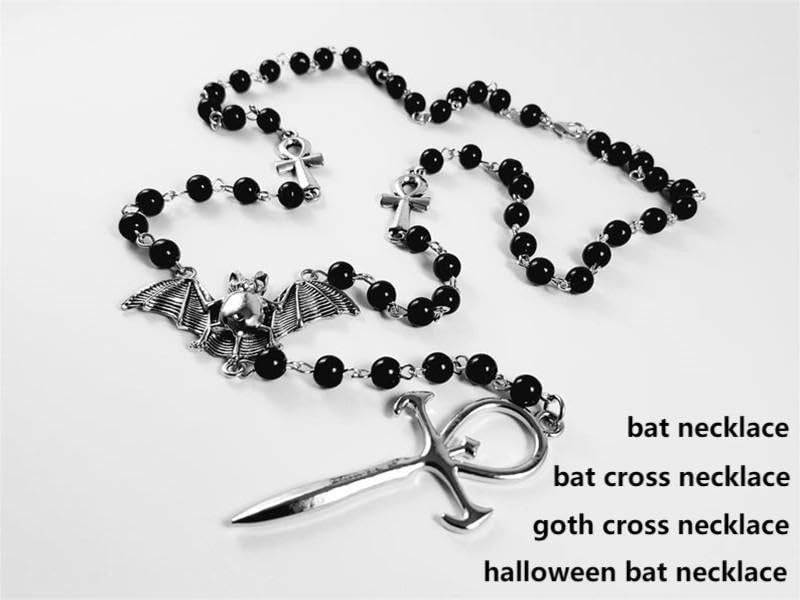 Ankh Cross Bat Necklace Religious Grunge Gothic Vampire Black Long Rosary Bea…