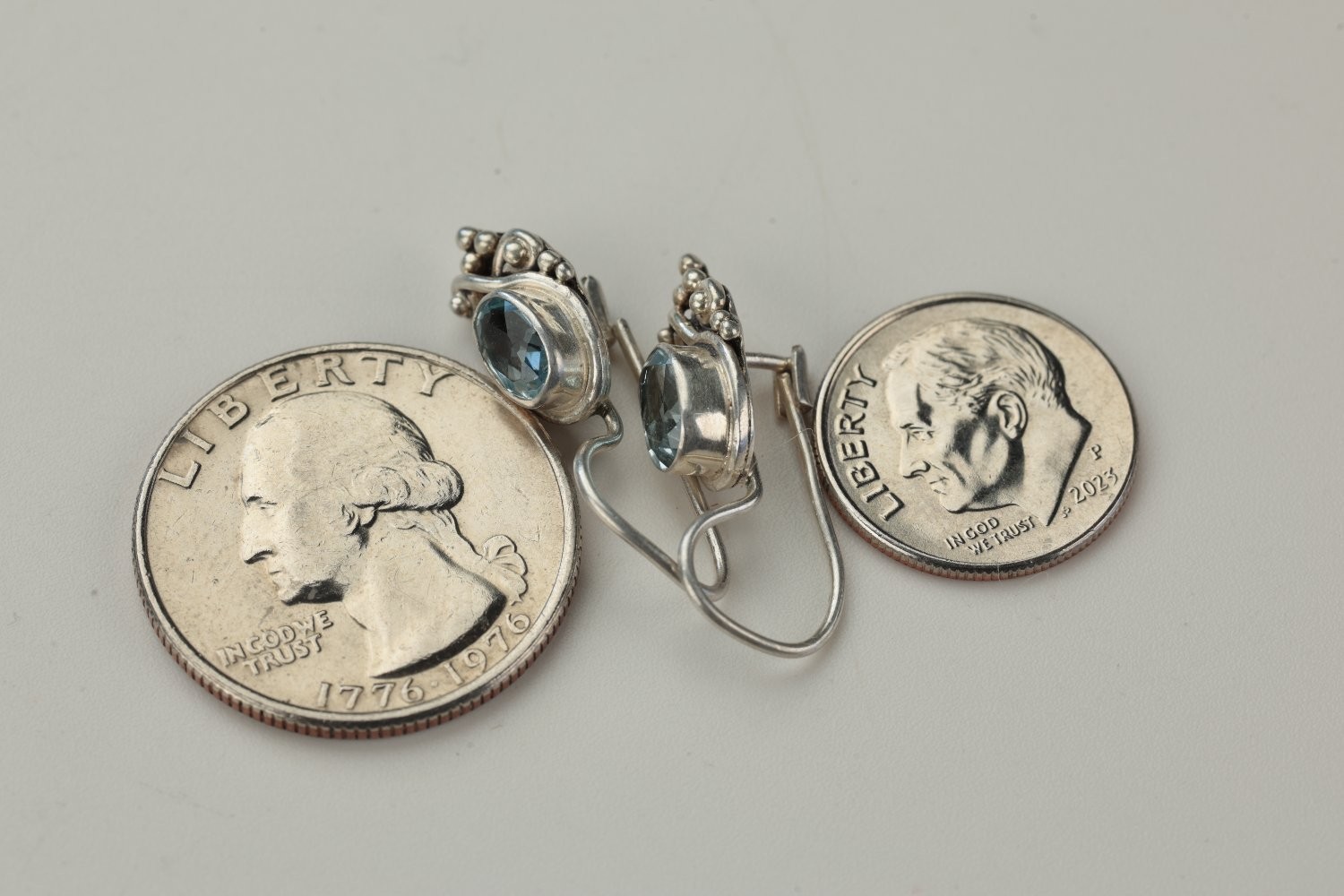 Earrings Small Silver Gemstone Oxidized Finish Vintage Bali Sterling Blue Topaz