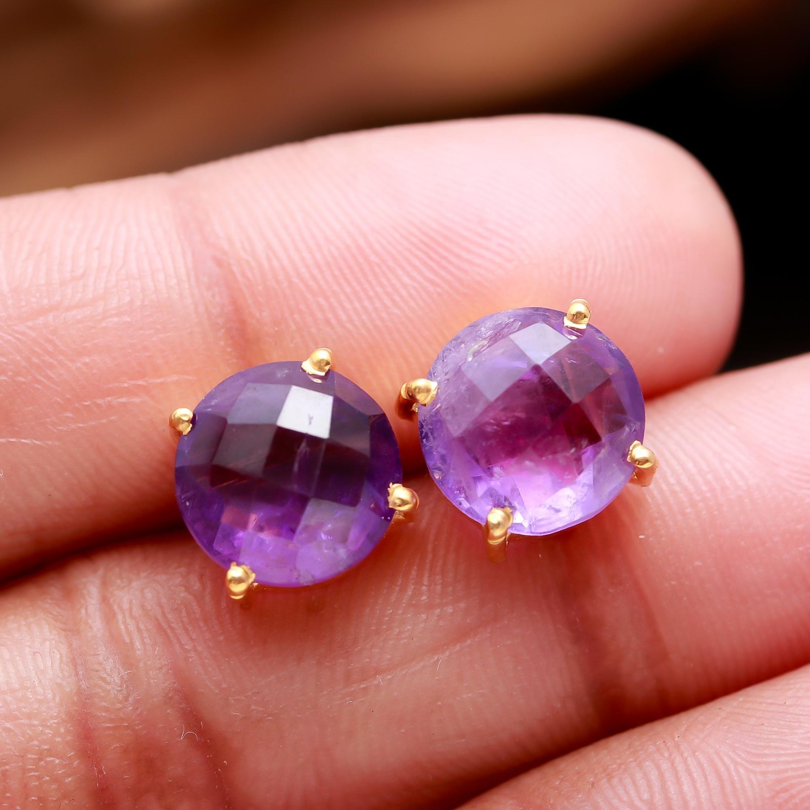 Natural Pink Amethyst Round Stud Earrings Gold Fill 925 Sterling Silver Jewelry