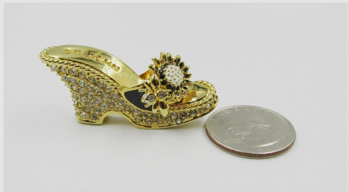 NWT ST. JOHN Shoe Brooch Wedge Pin Flower 24 KGP Black Multicolor Swarovski