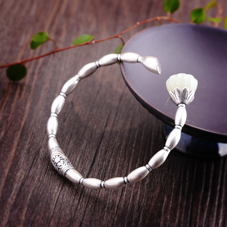 I03 Silver 925 Rice Grain Effect Lotus Flower White Jade Bangle Bracelet