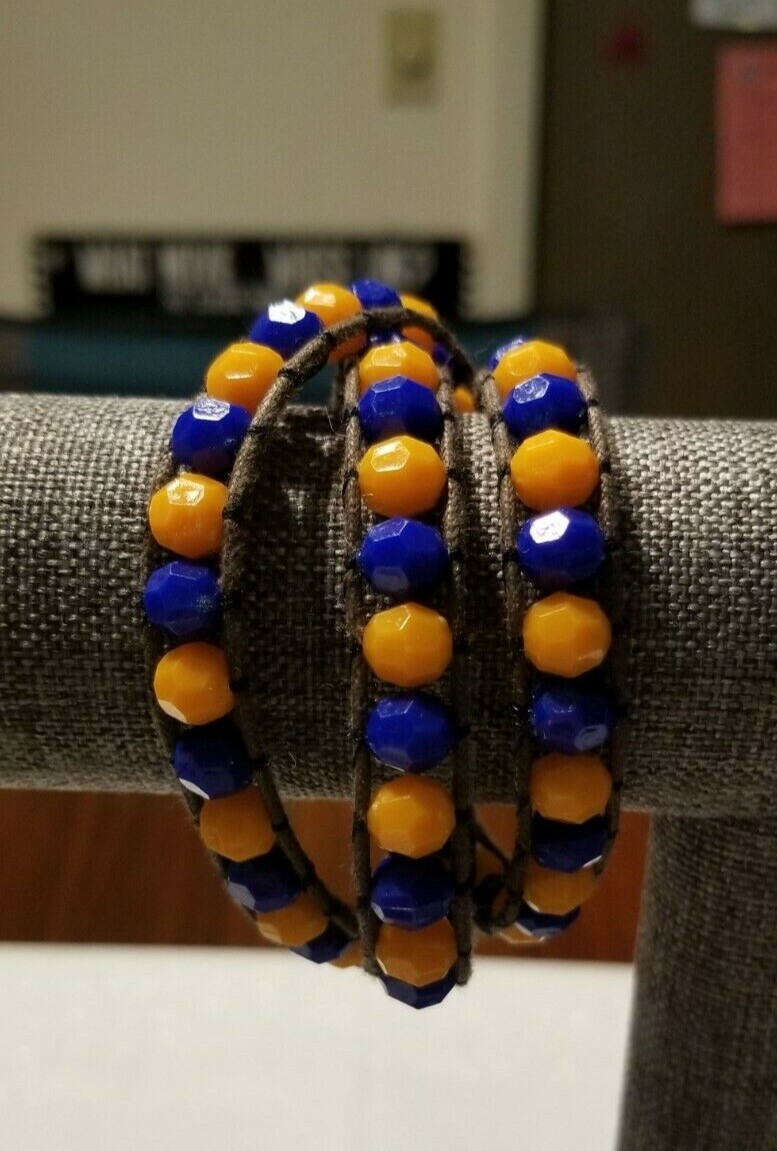 Blue/Orange Gator/Bronco/Auburn Themed Rondelle 3 Wrap Bracelet on Brown Leather