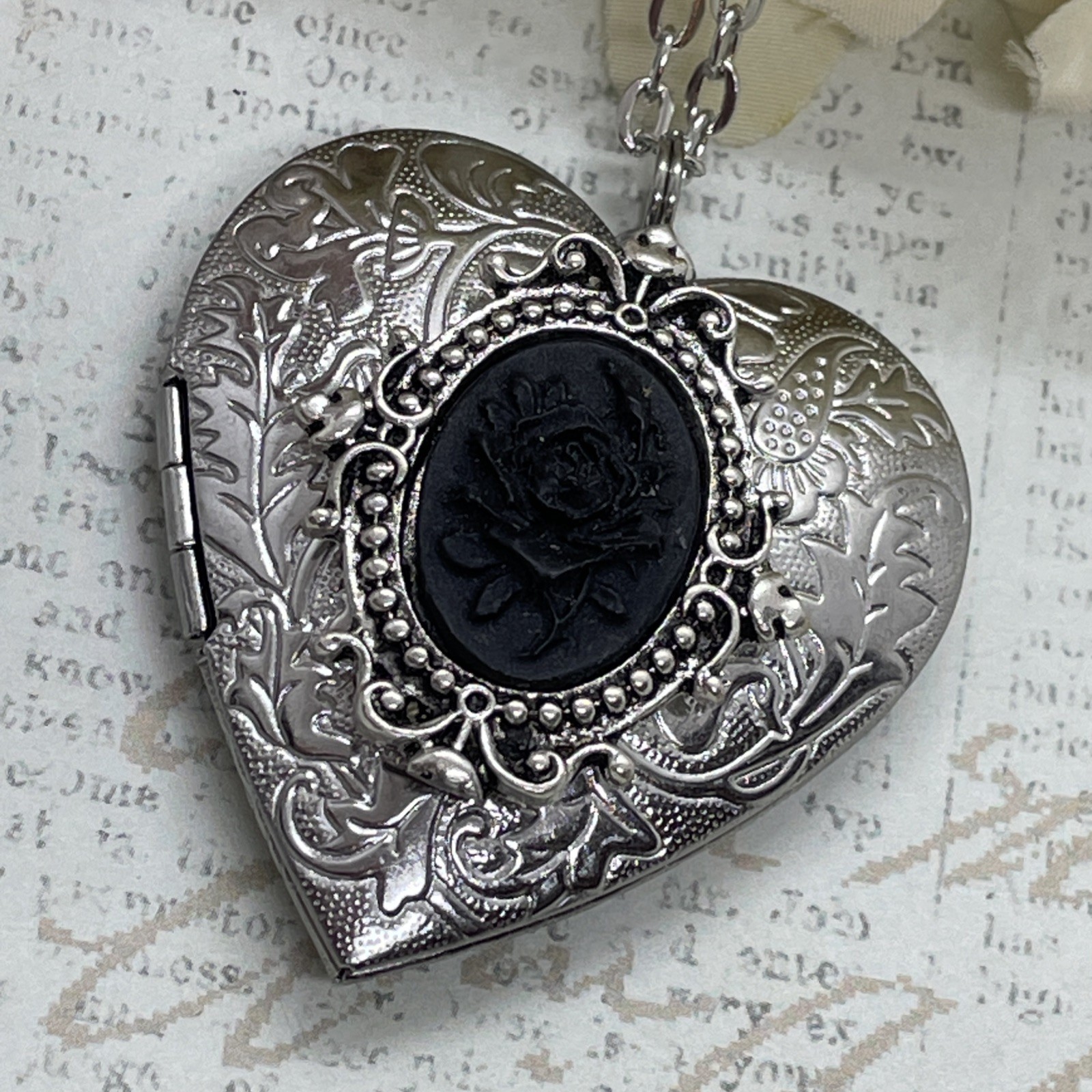 Heart Silver Locket Black Rose Gothic Love Necklace Photo Bride bridal wedding