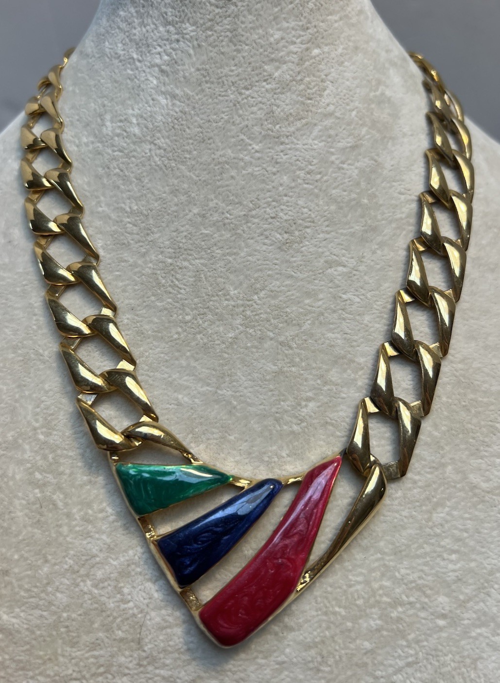 Vintage Gold Tone Red Green Blue Enamel Necklace 19”