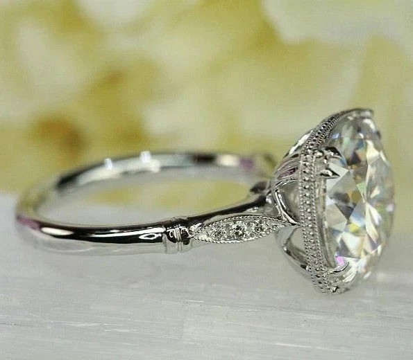 Art Deco Style Round Lab Created Moissanite Engagement 14K White Gold FN Ring