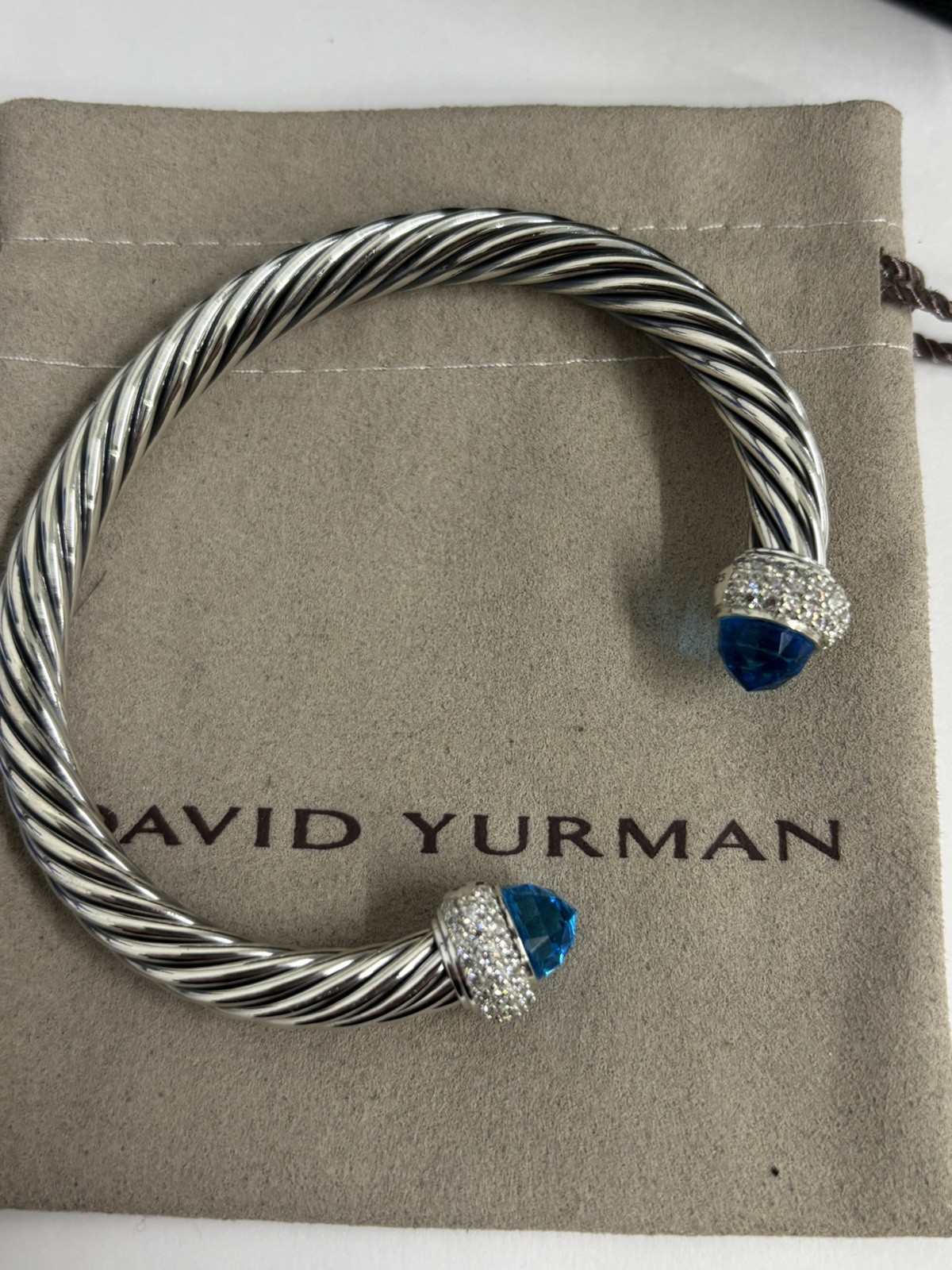 David 7mm Candy Cable Bracelet Silver & Diamonds Blue Topaz Size Medium