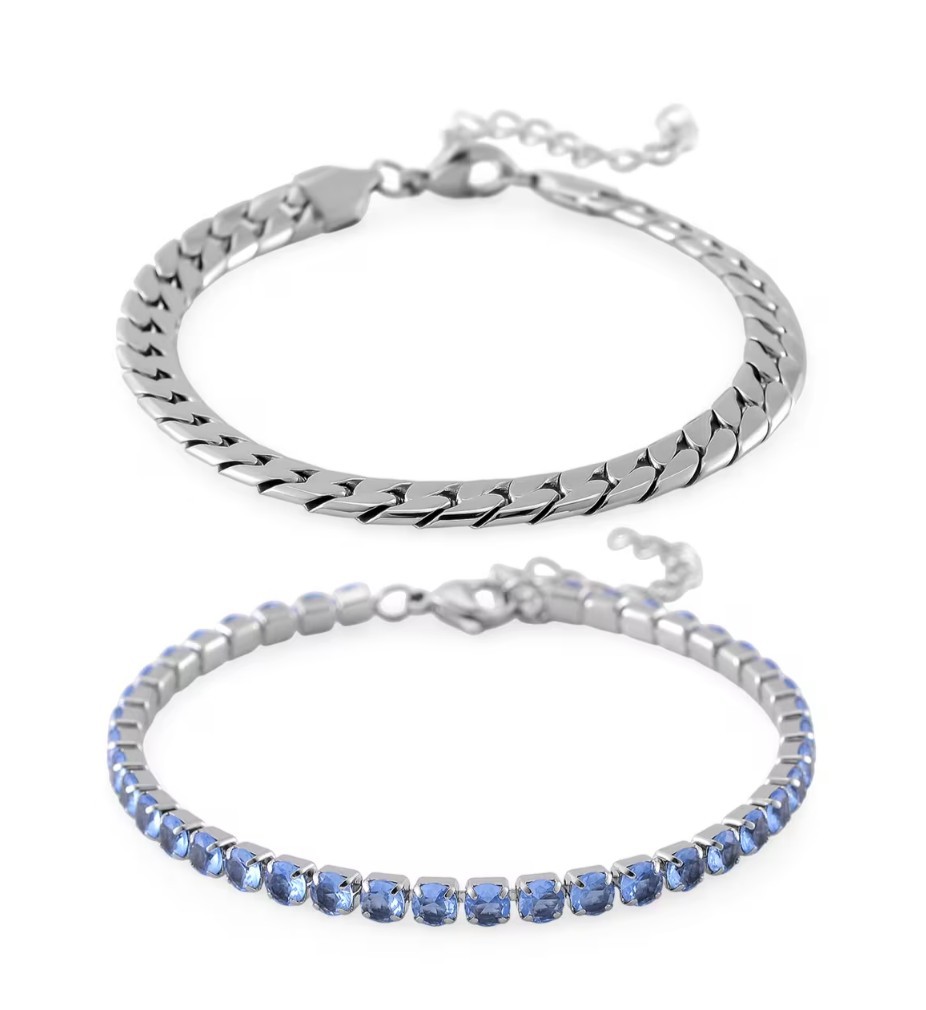 Simulated Blue Diamond Set Tennis & Curb Bracelets Stainless Steel 7.50-9.0in