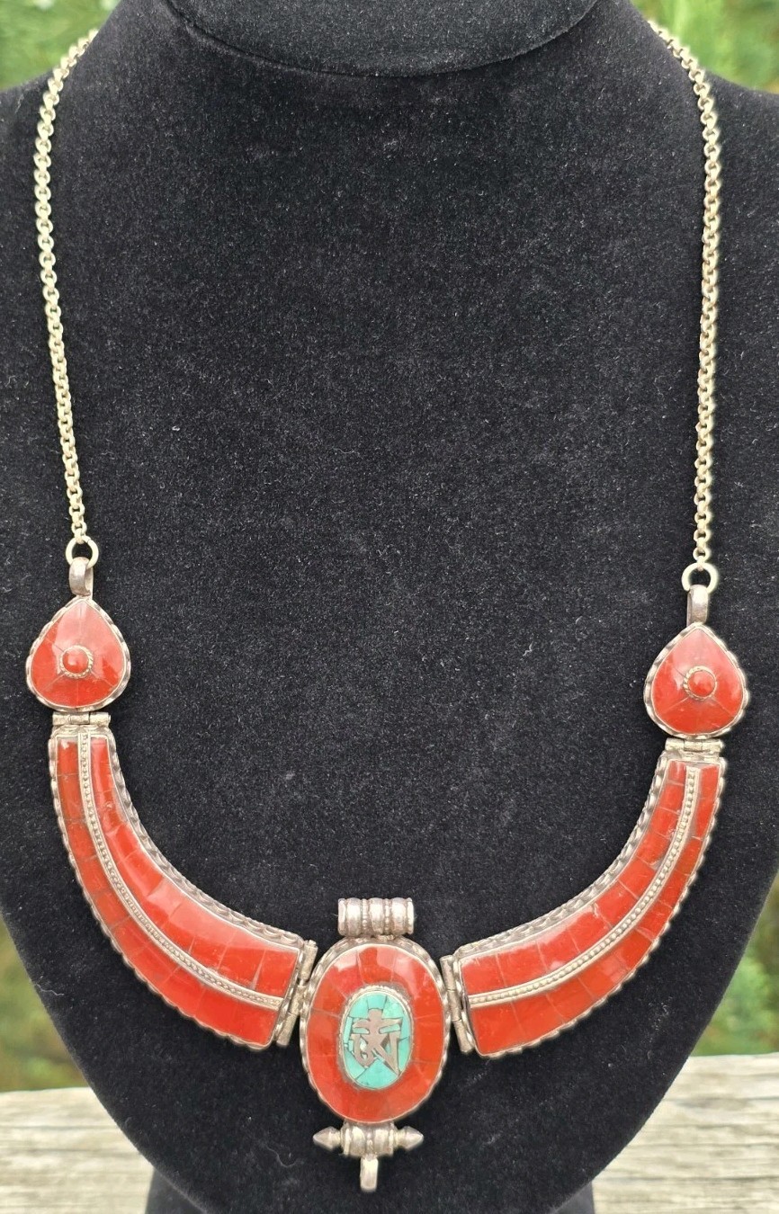 AUTHENTIC TIBETAN SILVER GARUDA COLLAR NECKLACE TURQUOISE CORAL BIB 107G 21.8 IN