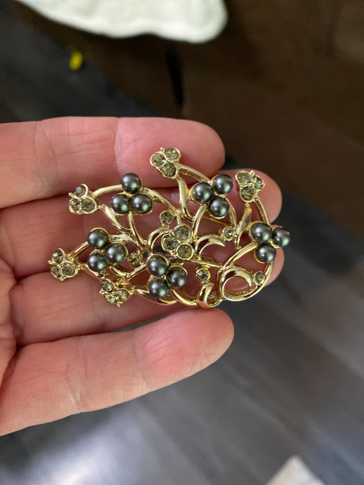 Vintage Marboux Marcel Boucher Smoky Rhinestones & Black Faux Pearls Brooch 752