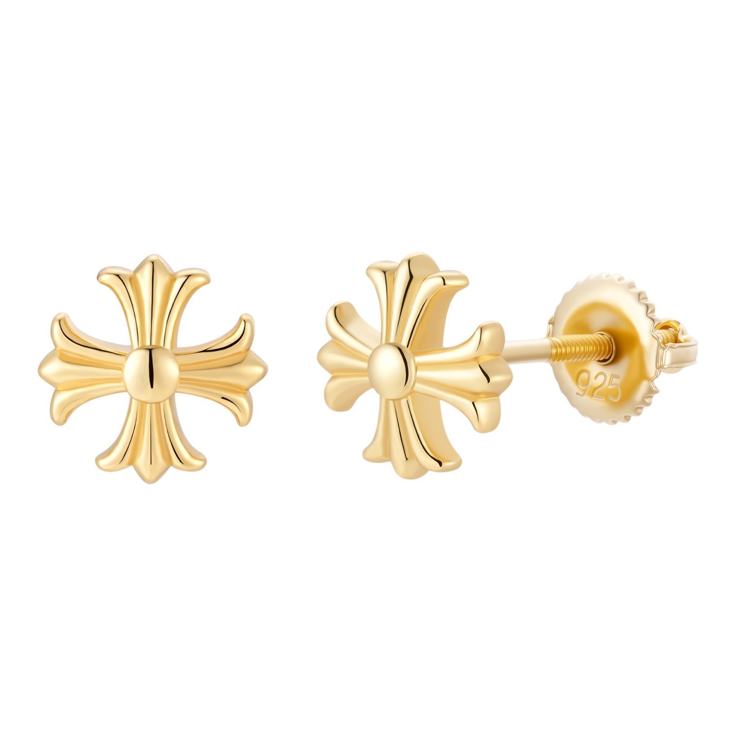 Real 14k Gold Over Solid 925 Silver Men Hearts Chrome Star Earrings Plain Studs