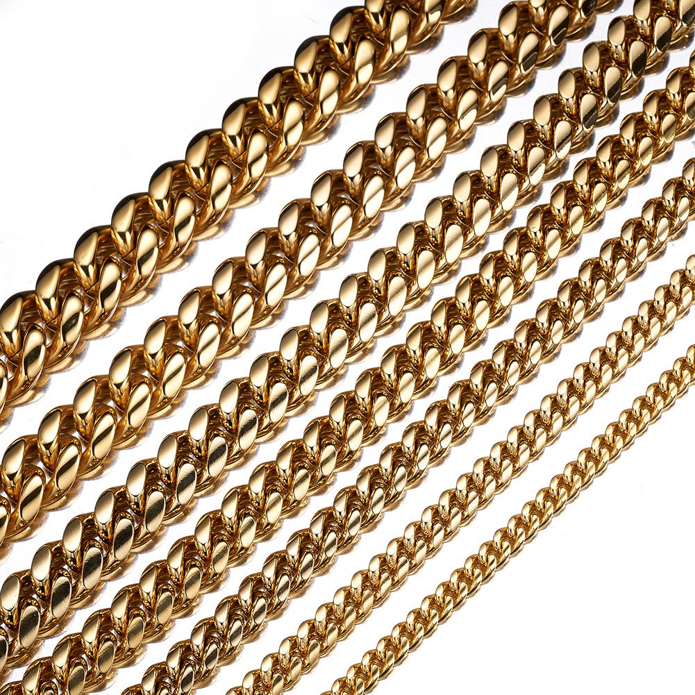 6-22MM Full Stainless Steel 18K GP Miami Hip Hop Cuban Chain Necklace Bracelet