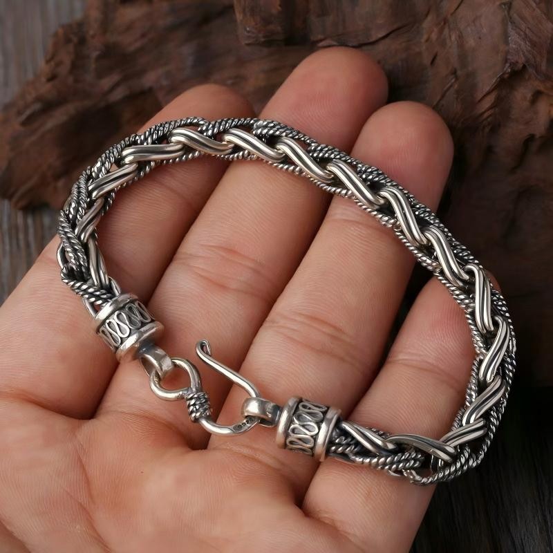 Pure S925 Sterling Silver Chain 6mm Braided Wheat Bracelet 34-35g 7.6inch