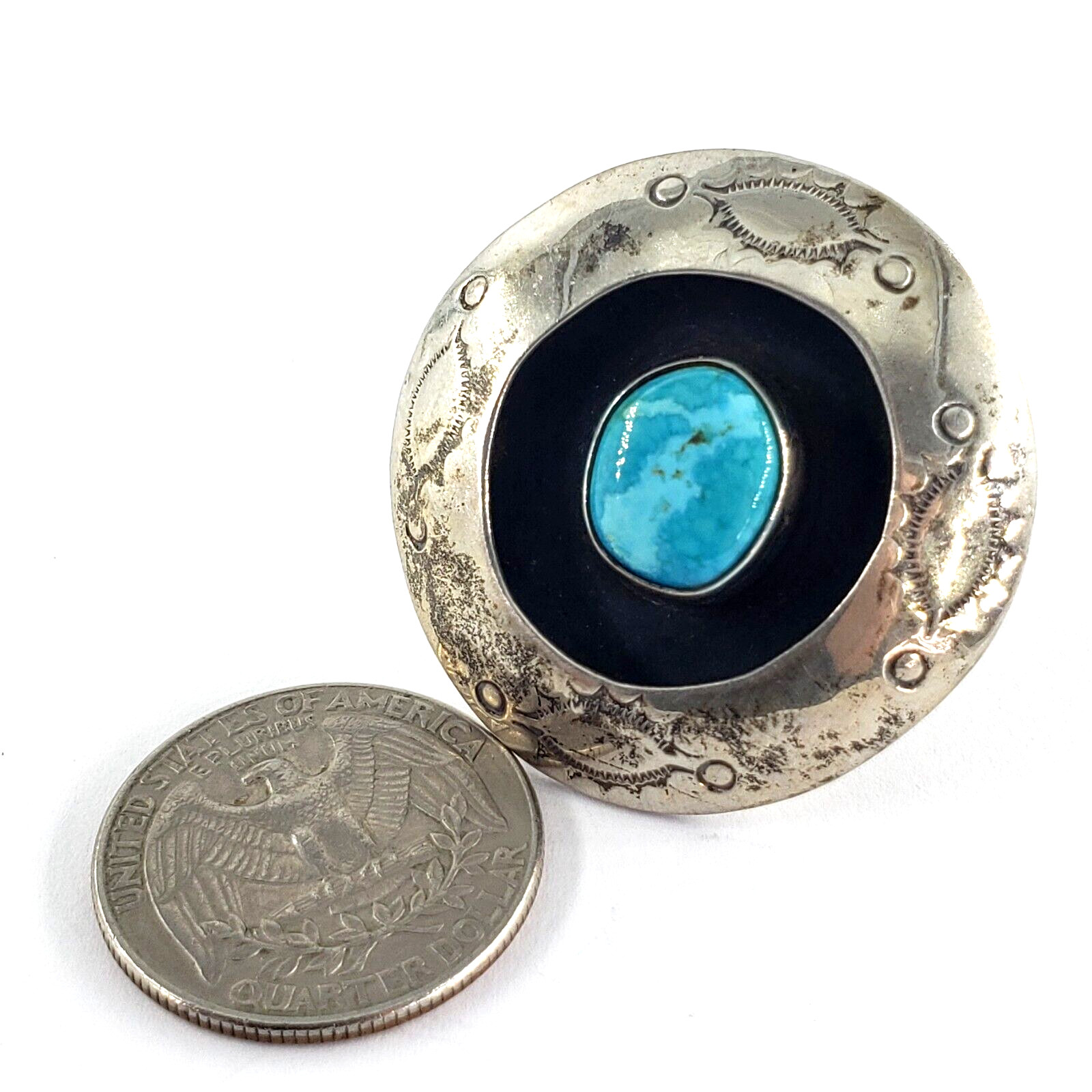 Vintage Sterling Silver Ring Womens Size 8.75 Turquoise Southwestern Circle Disc
