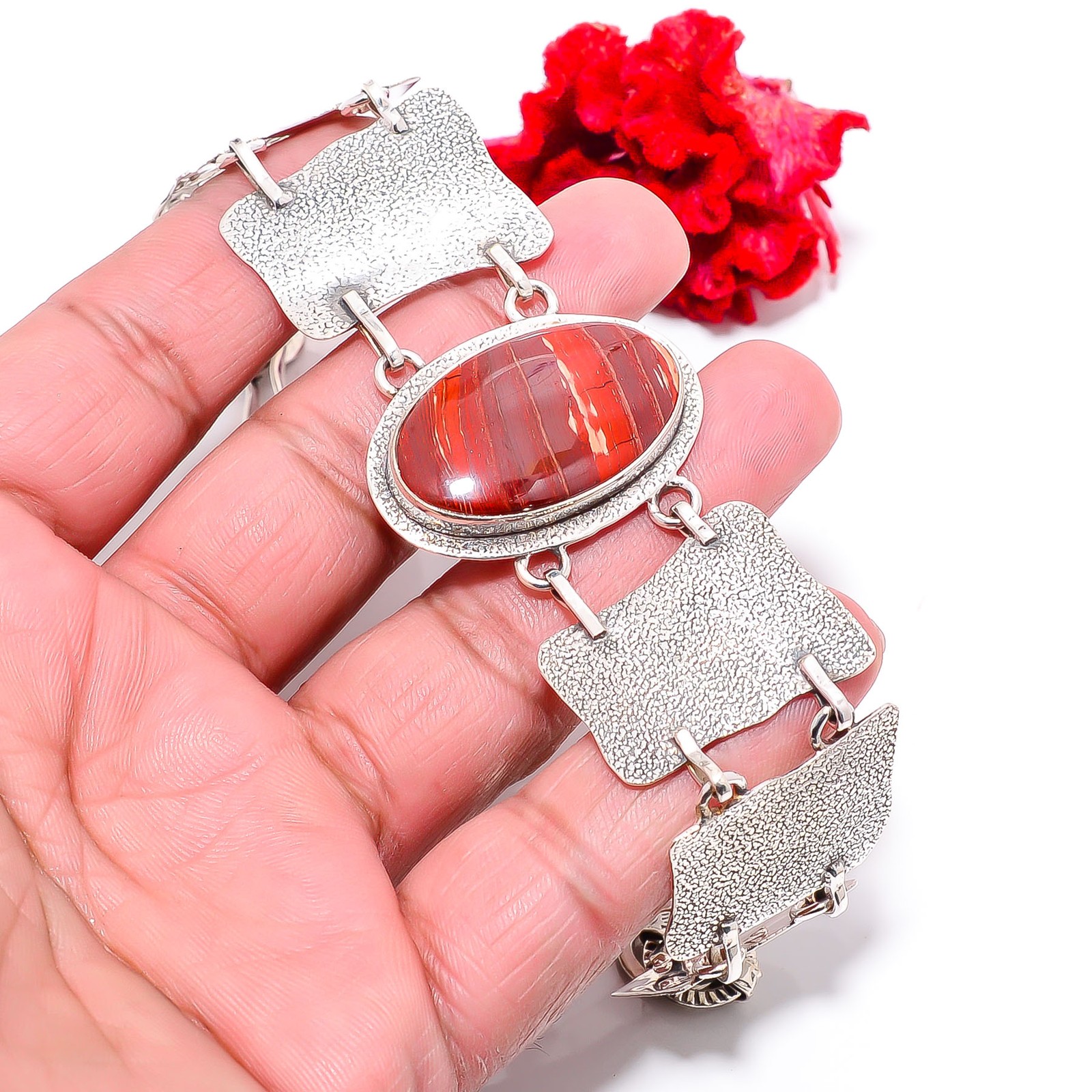 Snake Skin Jasper – Australia 925 Sterling Textured Silver Bracelet 8.99″ B84344