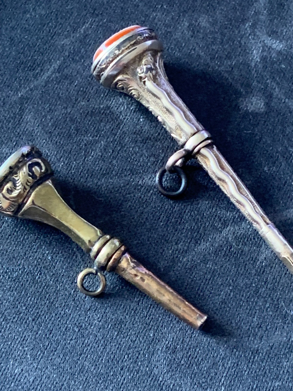Pair Georgian-Victorian Hand Engraved Watch Key Trumpet Fobs with Agate Seal