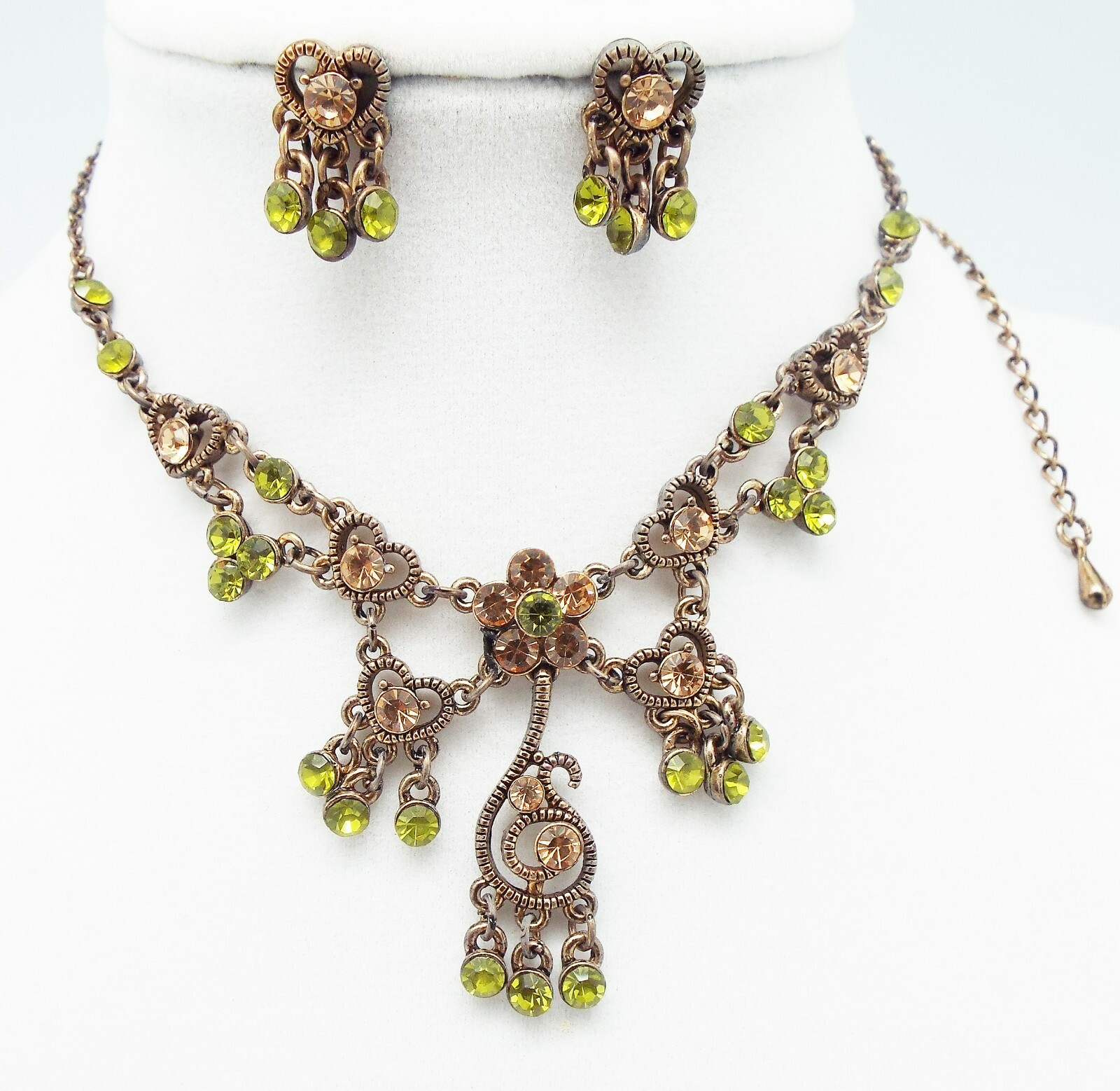 DESIGNER INSPIRED 18 in GREEN MULTI CRYSTAL BRONZE FLORAL DROP JEWELERY SET NEW