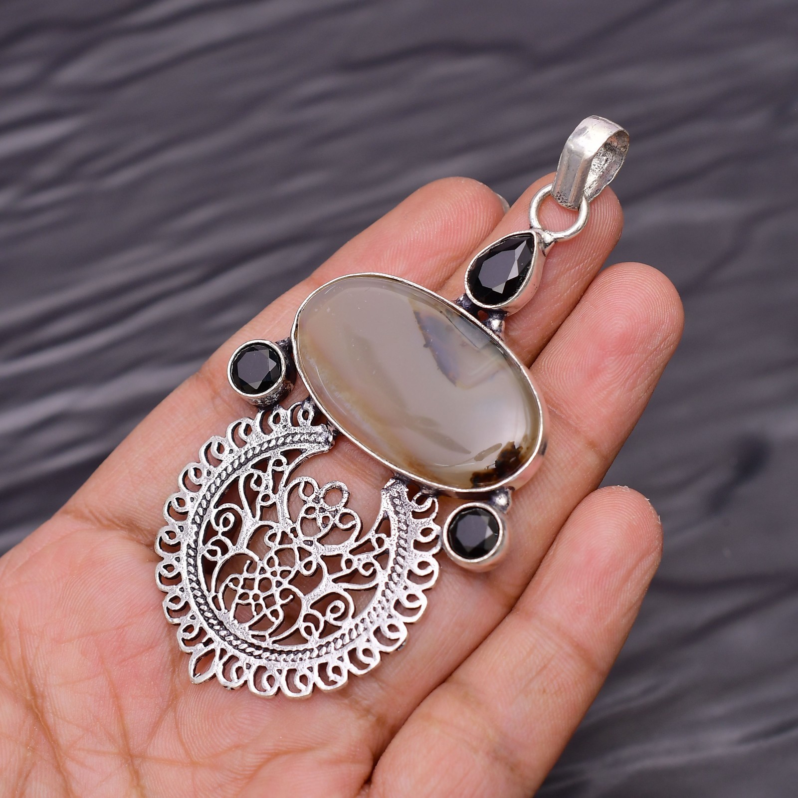 Montana Agate Gemstone 925 Sterling Silver Jewelry Pendant 3.26″