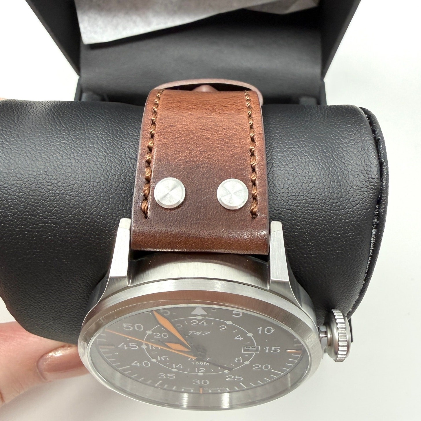 TORGOEN T47 TN-1208U Jumbo Grey Sapphire GMT 47mm Brown Leather Strap New