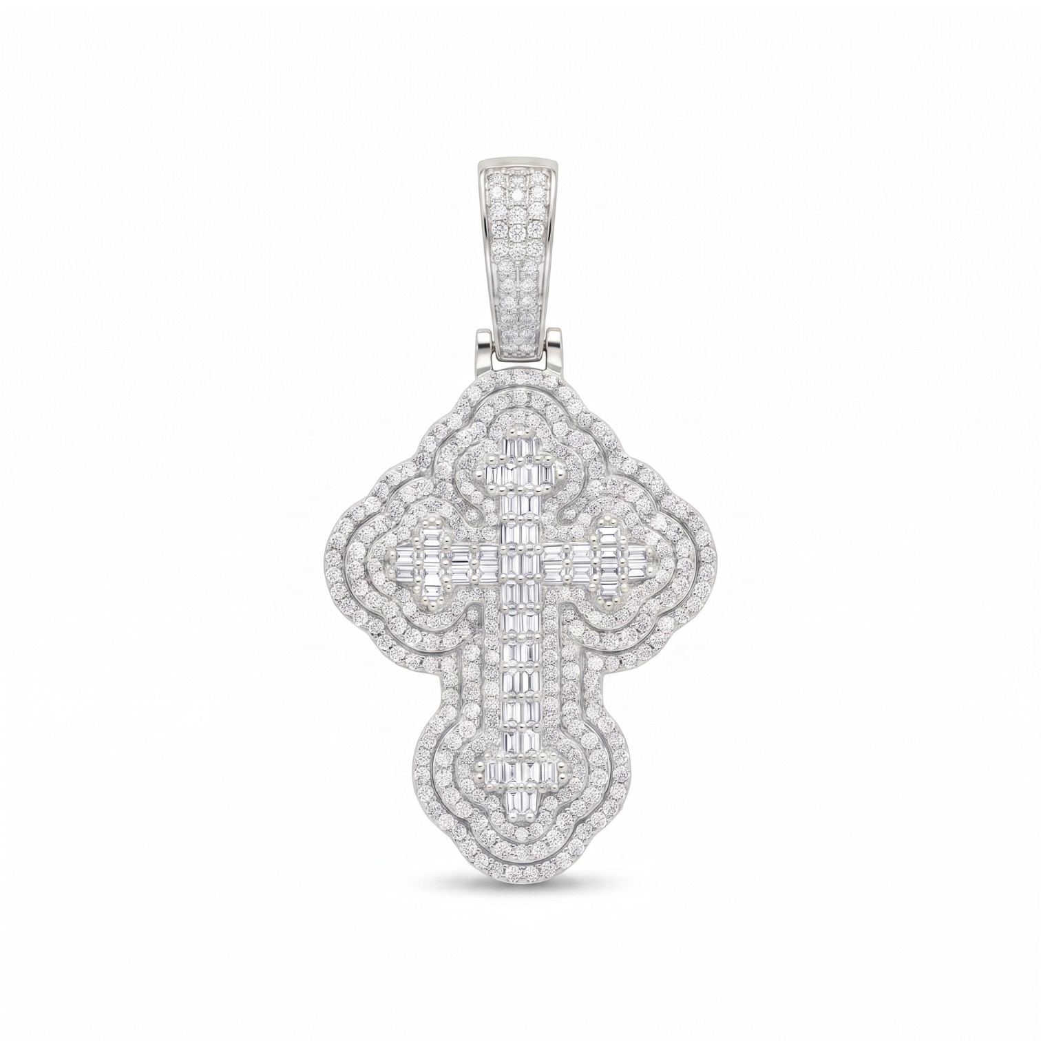 3D Iced Baguette Cross Pendant – Silver or Brass – Moissanite or CZ – Small 1.5″