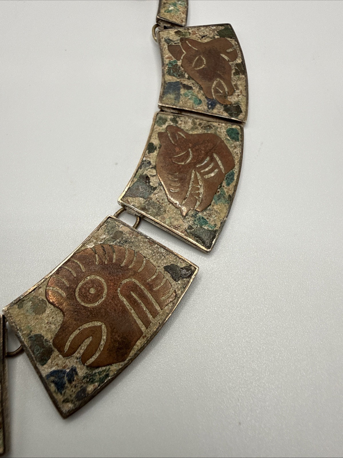 VTG HECHO EN MEXICO 925 STERLING MIXED STONES AZTEC NECKLACE.56.8 GRAMS.SIGN DH?