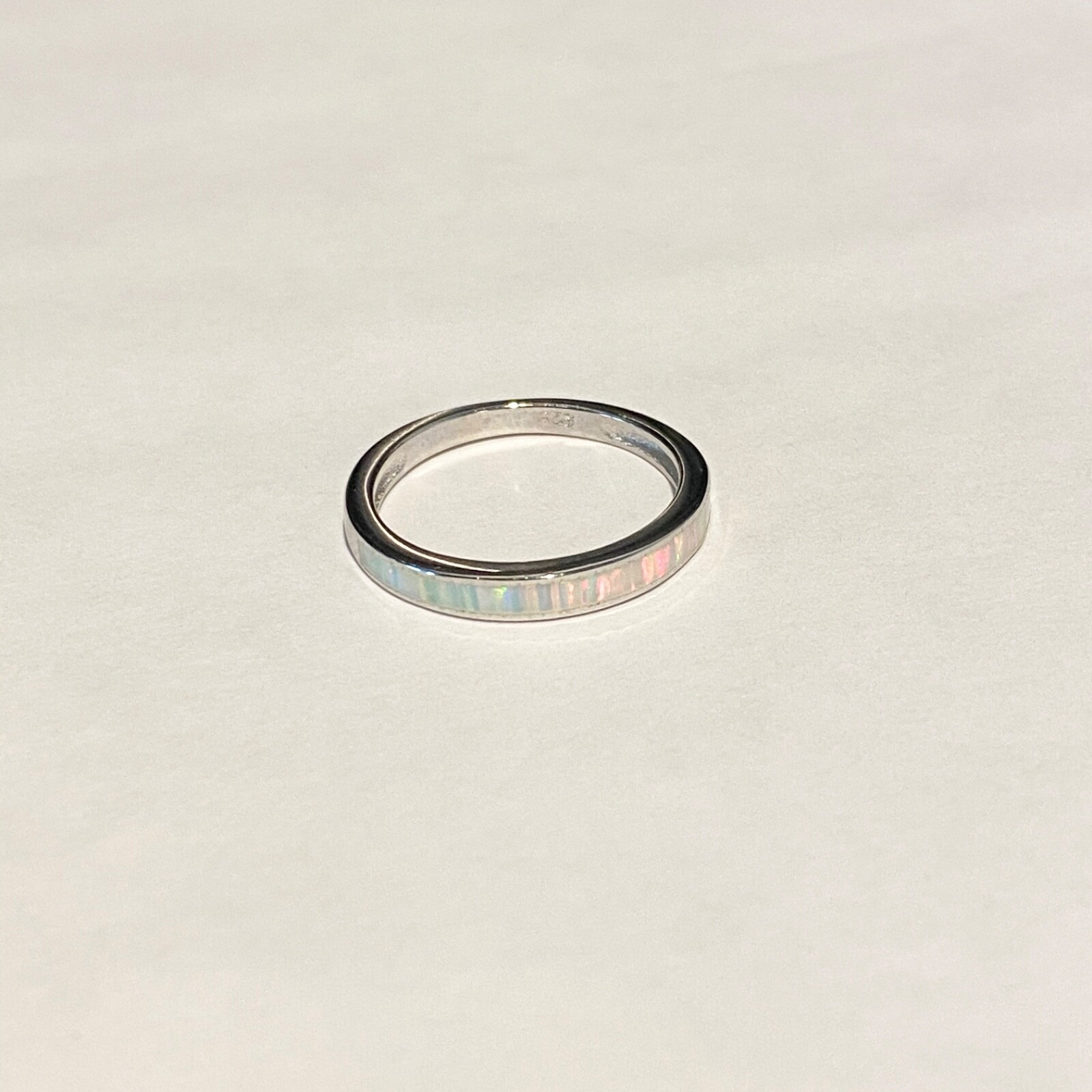 Sterling Silver White Lab Opal Band Ring, October Birthstone Rings, Wedding Band