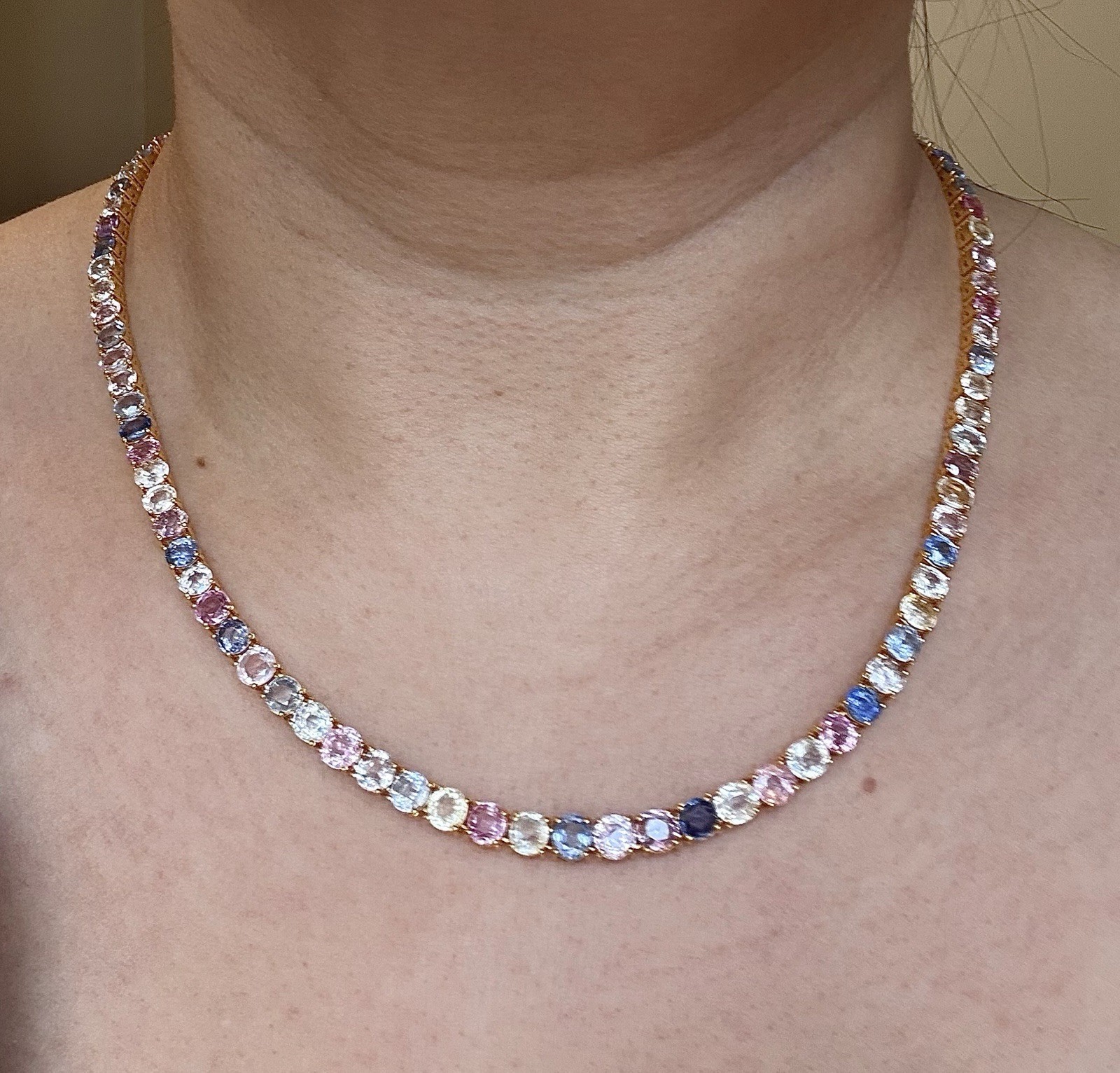Certified Natural Burma Mogok Multicolor Sapphire 19K Yellow Gold TennisNeckalce