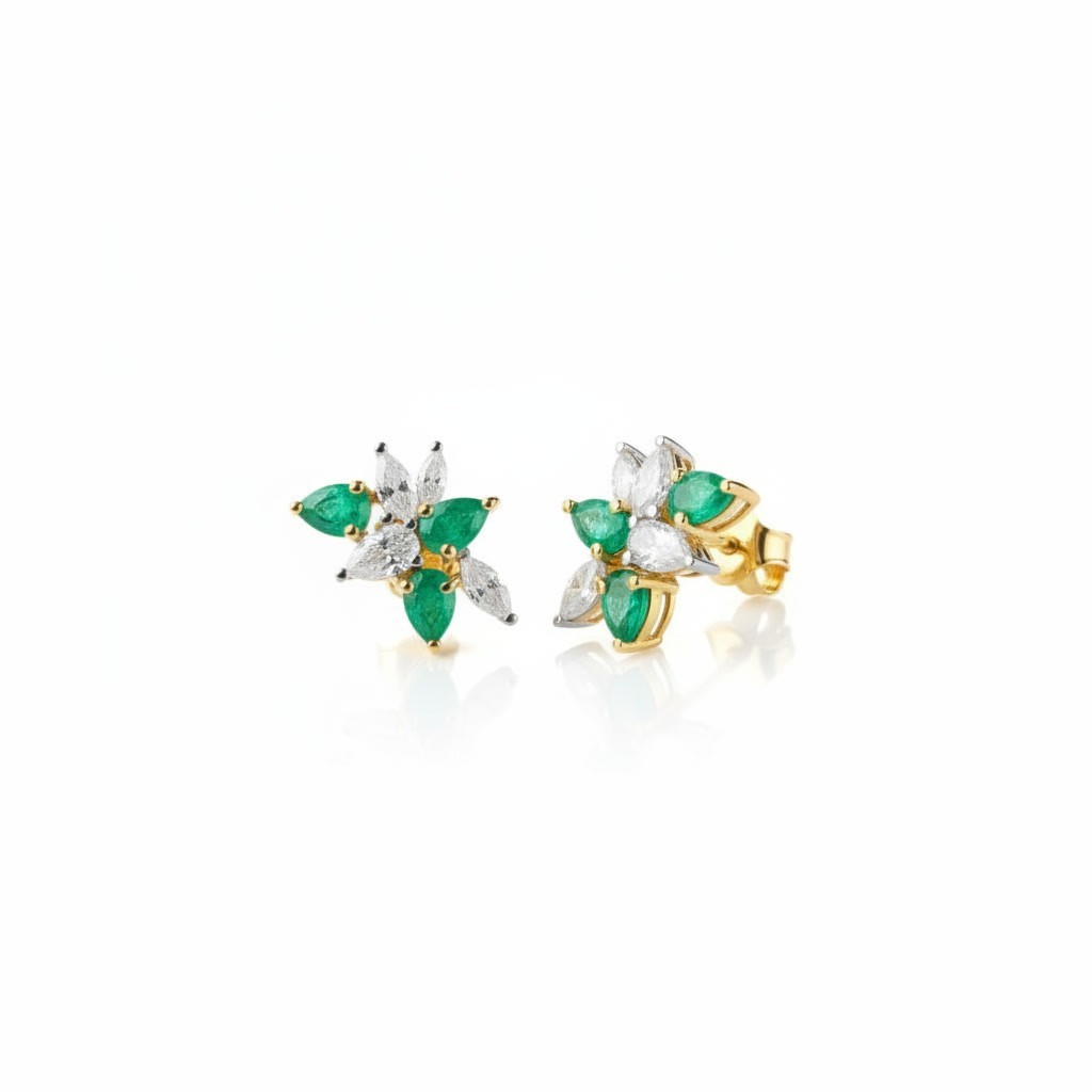 Natural Emerald Flower Cluster Stud Earrings 3x4mm Platinum Plated