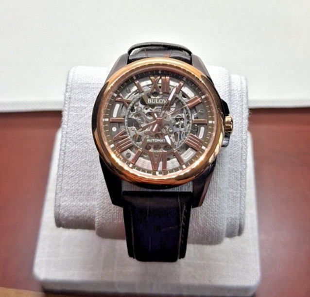 Bulova Automatic Skeleton Rose Gold Brown Leather Strap Open Heart Full Set