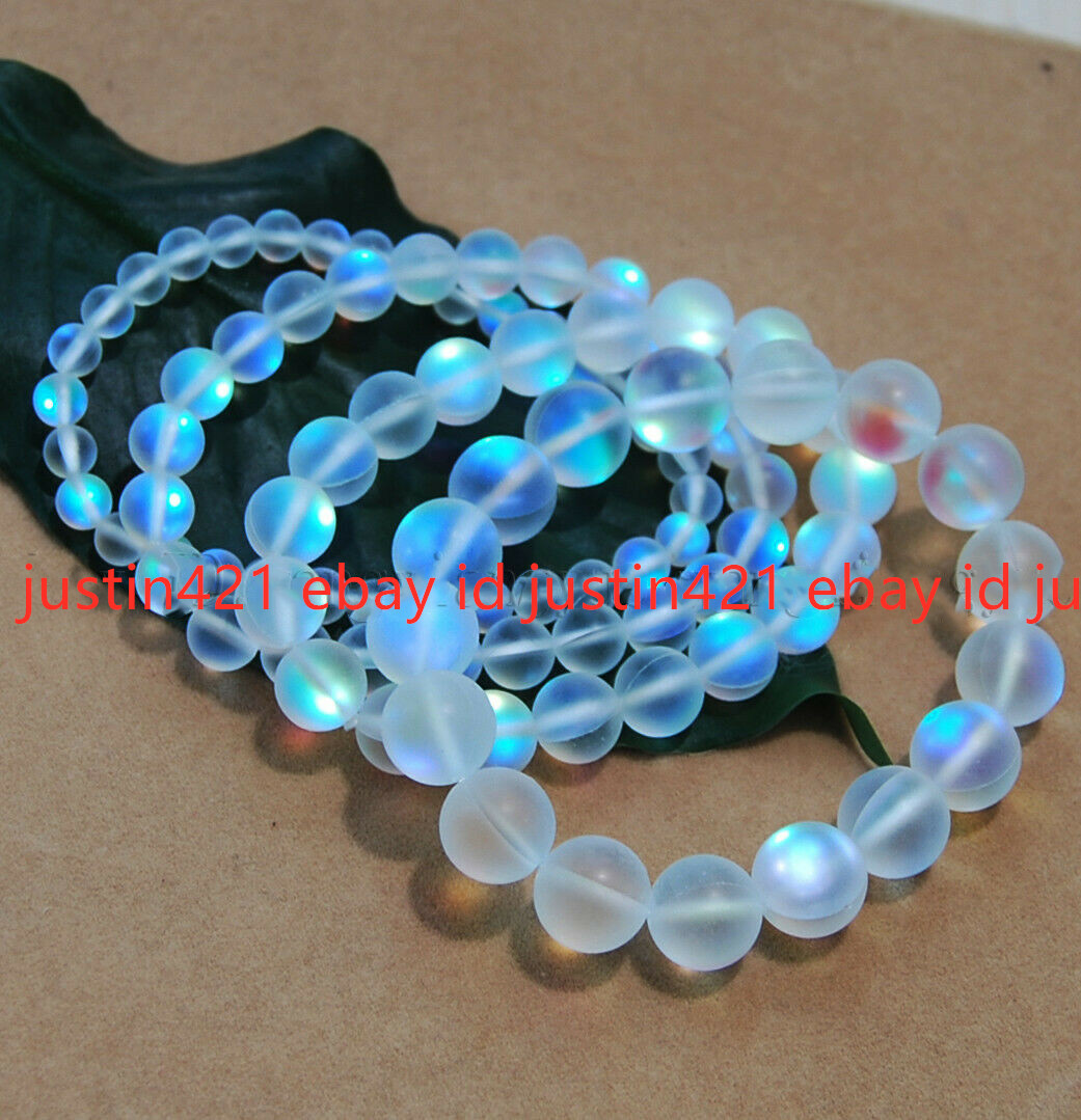Natural 6/8/10/12mm White Gleamy Rainbow Moonstone Gemstone Bracelet 7.5” AAA+