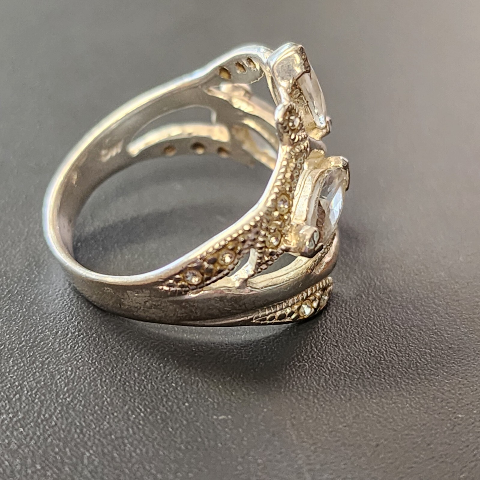 Sterling Silver 925 Ring Sz 7 White Stone Engraved Wide Band Cocktail 1″ Flawed
