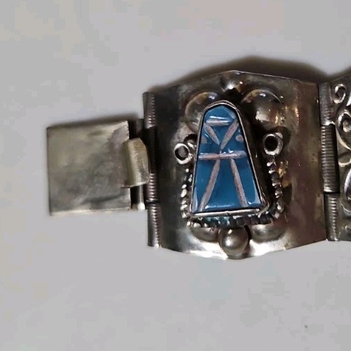 Vintage Silver & Turquoise Hecho En Mexico Taxco Alpaca Warrior Mask Bracelet 7”