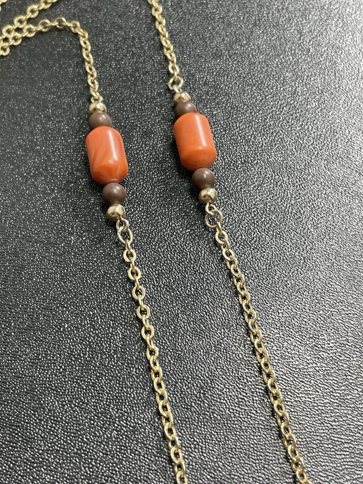 Vintage Retro 32” Orange & Brown Lucite Beaded Gold Tone Chain Necklace