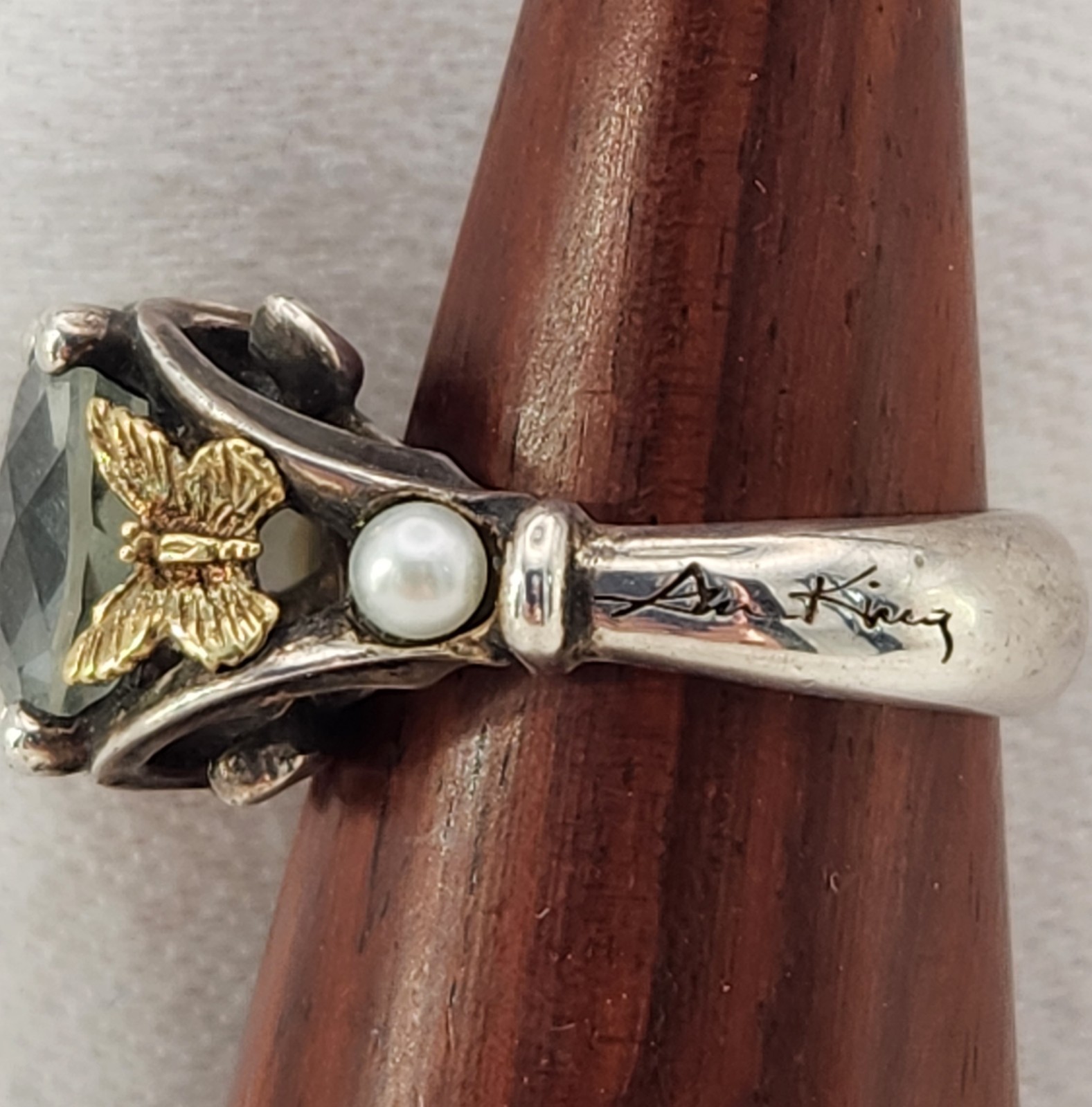 Ann King Sterling Silver 18k Gold Prasiolite Butterfly Pearl Ring Size 6.5