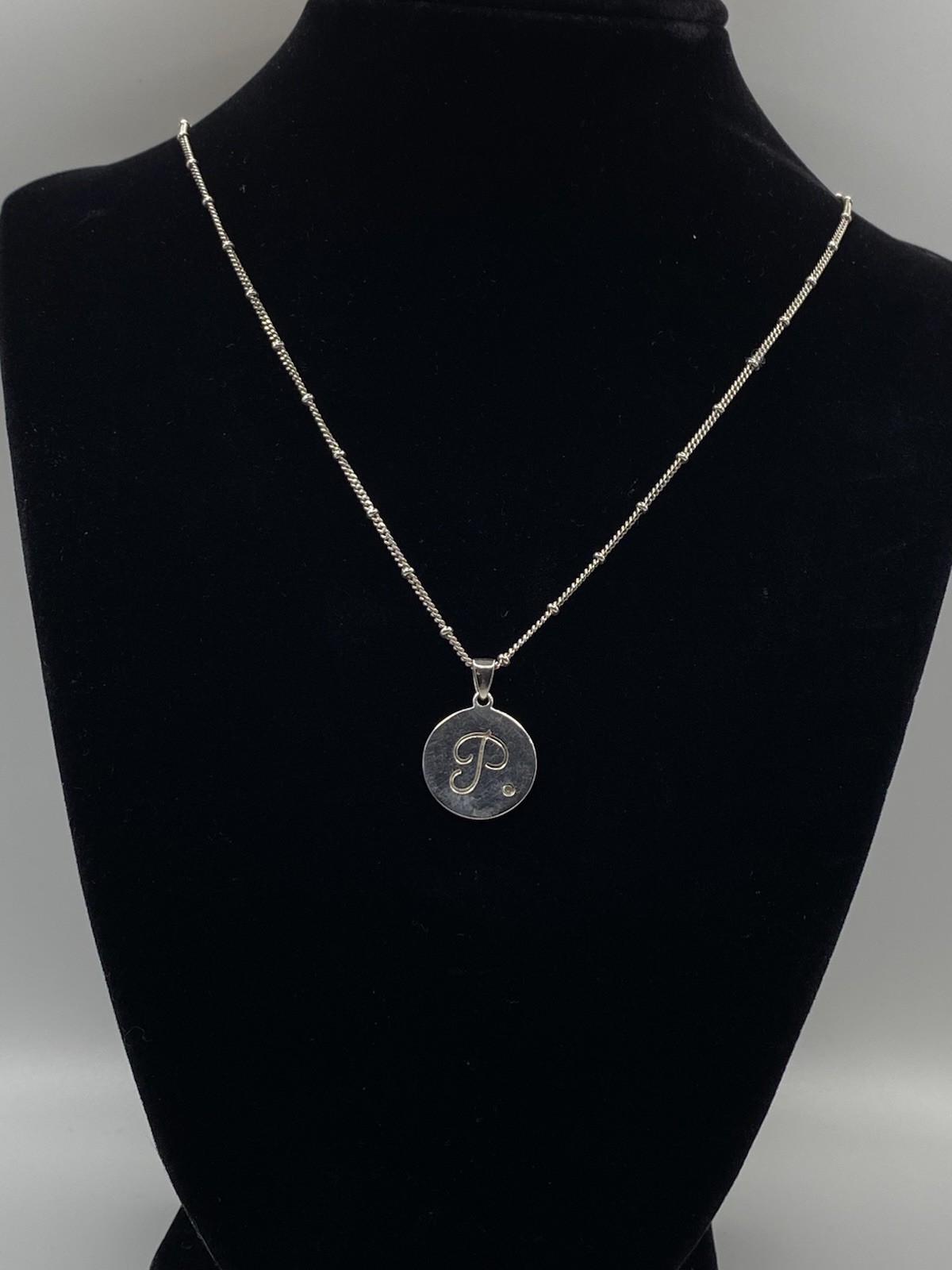 NVC 925 Sterling Initial “P”Diamond Disc Pendant Beaded Station Chain Necklace