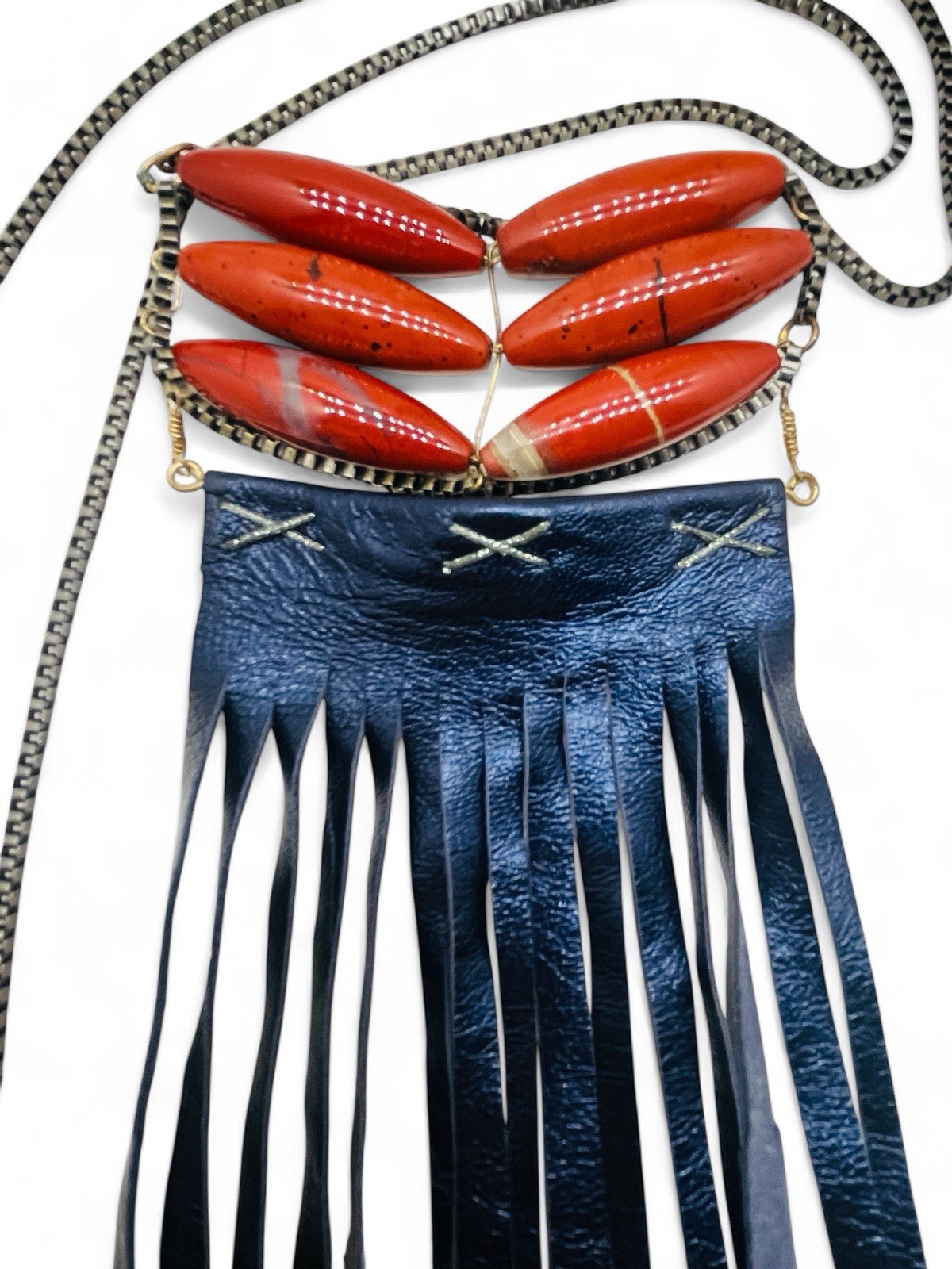 Vintage 70’s Native Inspired Ethnic Jasper Stone And Leather Fringe Necklace