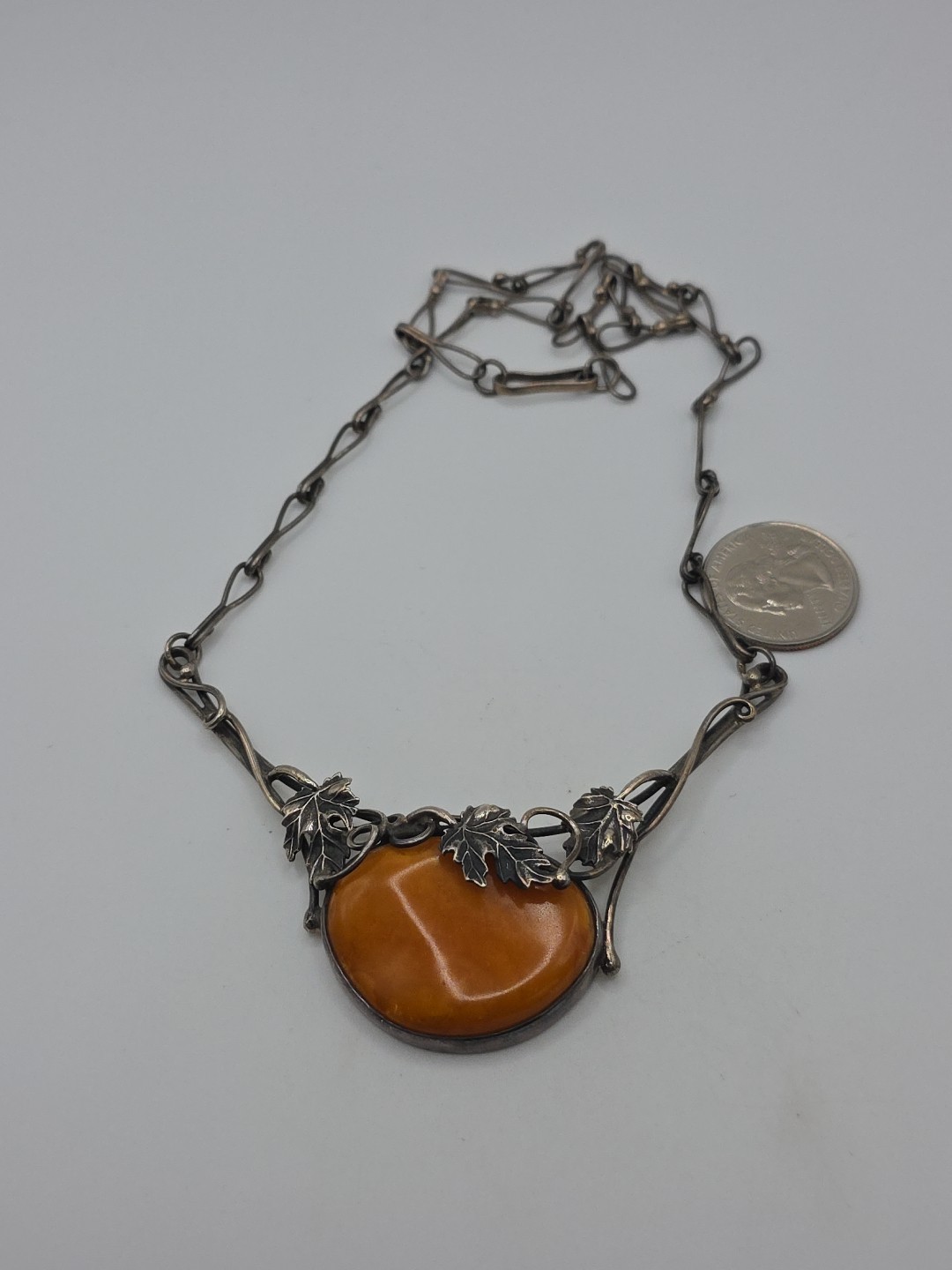 Vintage Sterling Silver 925 Orange Egg Yolk Amber Necklace 18″ 32g