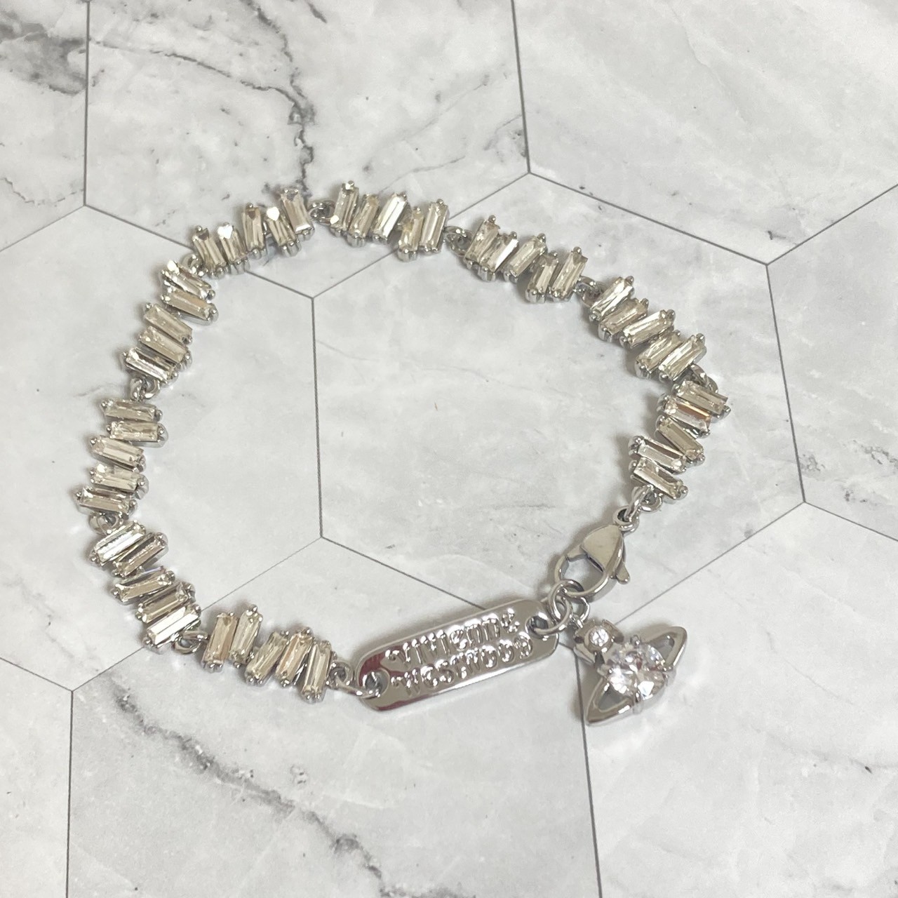 Vivienne Westwood Bracelet Baguette Cut Crystal Silver 18.5cm w/Pouch NO BOX