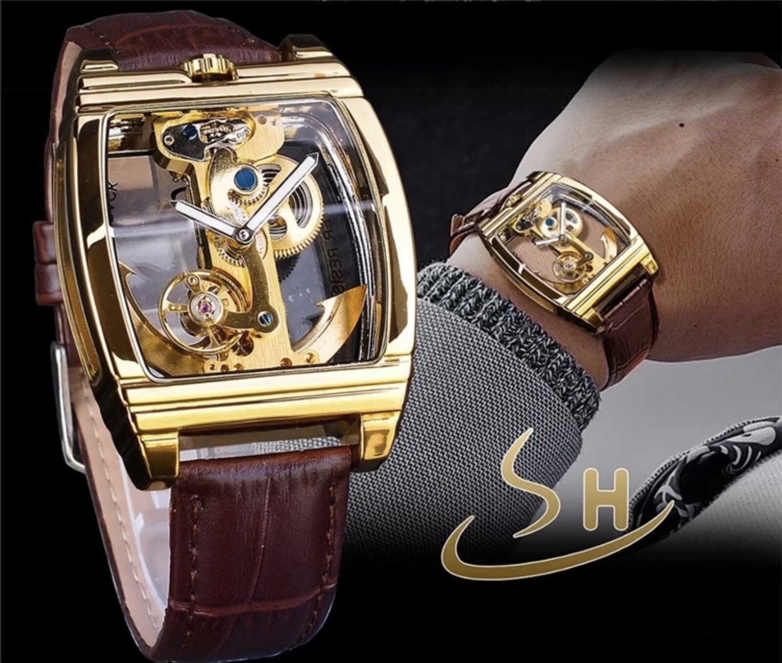 Mens Skeleton Mechanical Waterproof Luxury Watch Leather Hollow Great Gift Idea