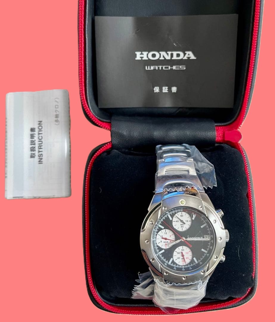 HONDA Racing Chronograph Mens Watch Black Dial Stainless Steel Battery Replaced