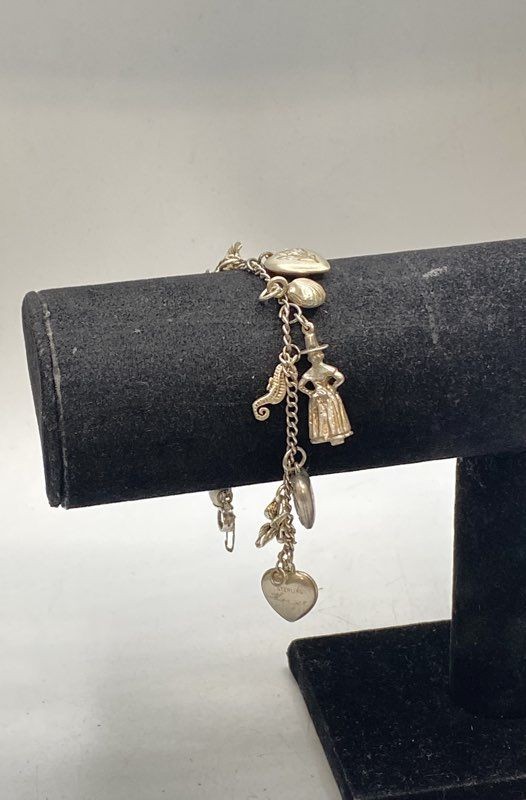 Vintage Sterling Silver 925 Charm Bracelet 12 Charms Heart Seahorse 7.38″ 22.4g