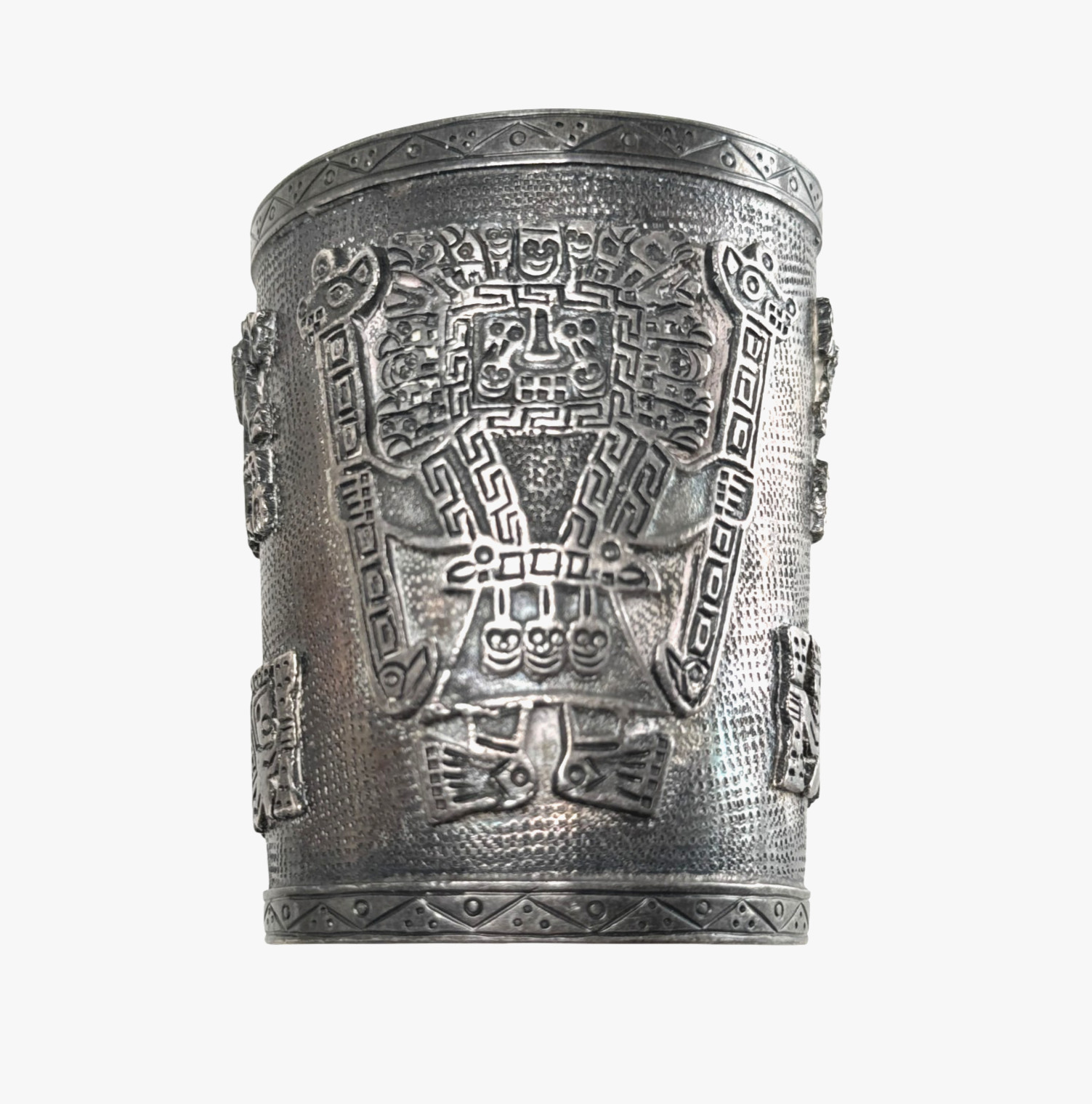 925 Sterling Silver Gauntlet Bracelet, Peruvian Pre Columbian Motif, Signed 187g