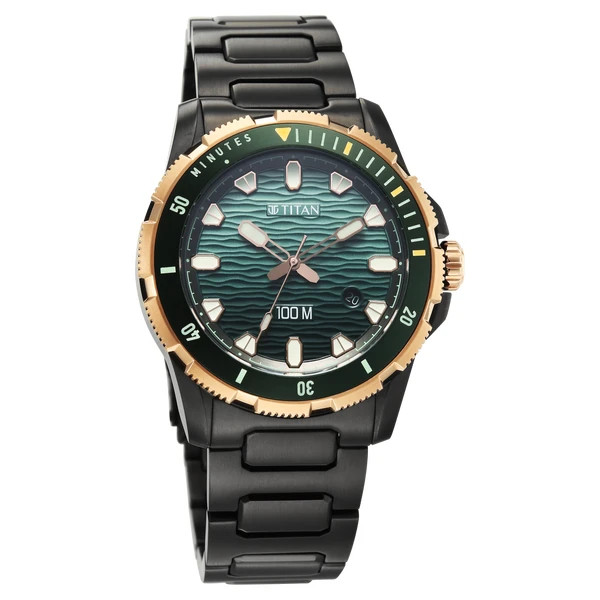 Titan Diver 100M Quartz Watch Men Blue Dial Steel Strap Lume Bezel Pro 10067KM02