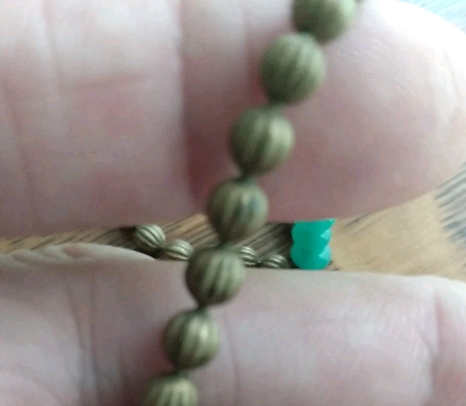 Antique Sink Chain Style Brass Ball Necklace 38” Long With Green Czech Glass