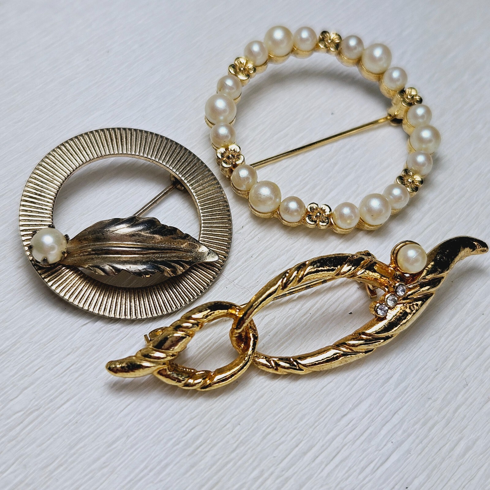 3 Vintage Brooches Faux Pearl Gold Tone Rhinestone 2 Round 1 Bar
